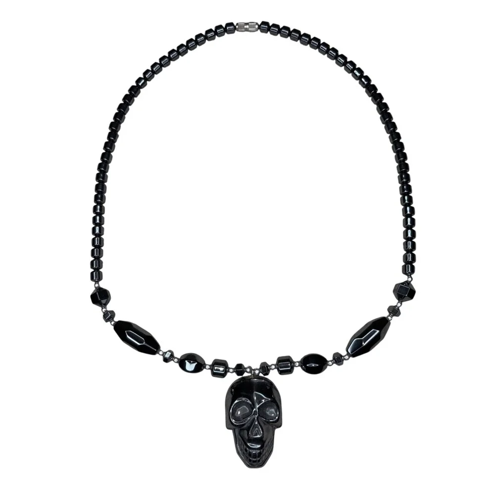 Hematite Skull Pendant Necklace Gunmetal Beaded Goth‎ Emo Choker Rocker Jewelry